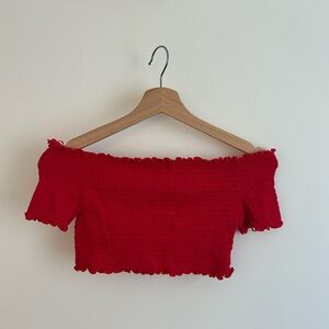 Women’s Red Off-Shoulder Smocked Crop Top